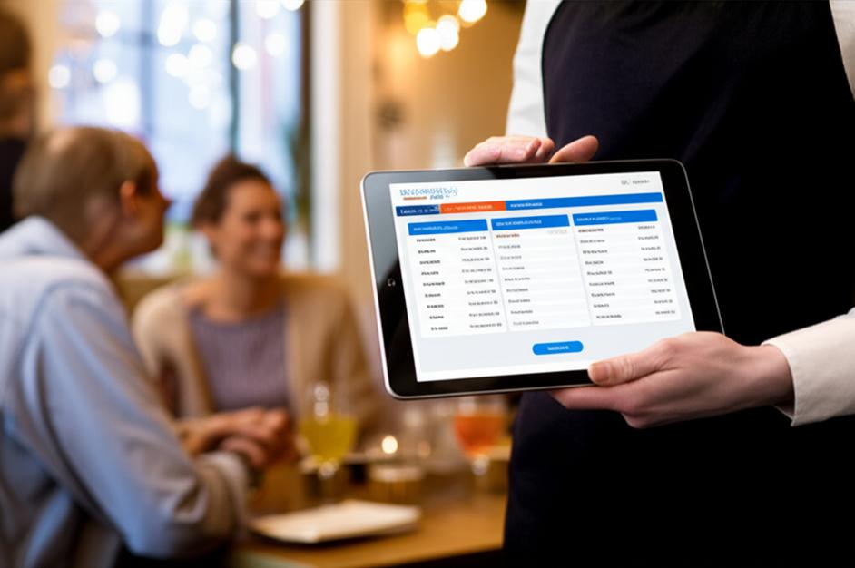 Nhân viên phục vụ dùng máy tính bảng ghi order trong nhà hàng, thể hiện tính năng offline của phần mềm.