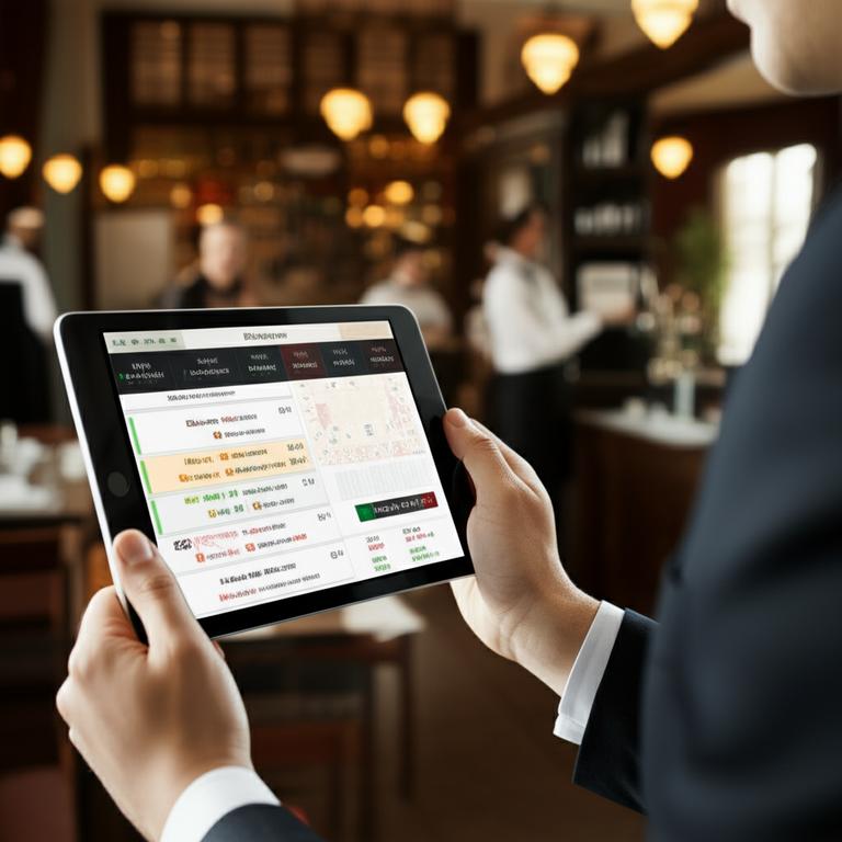 Giao diện phần mềm quản lý bán hàng nhà hàng trên máy tính bảng, kèm theo không gian nhà hàng sang trọng.