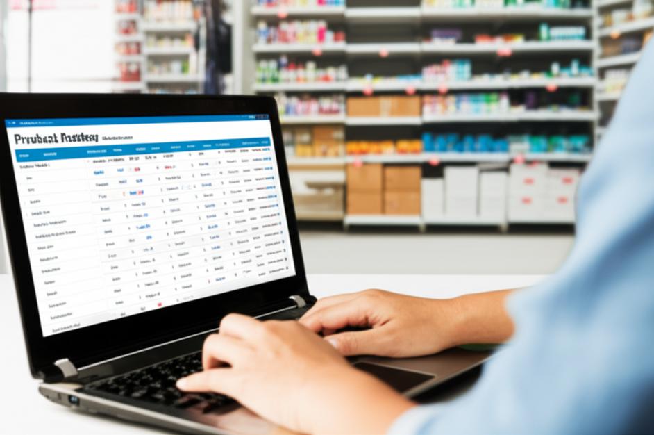 Giao diện phần mềm quản lý bán hàng văn phòng phẩm hiển thị trên máy tính, bên cạnh là các sản phẩm văn phòng phẩm.