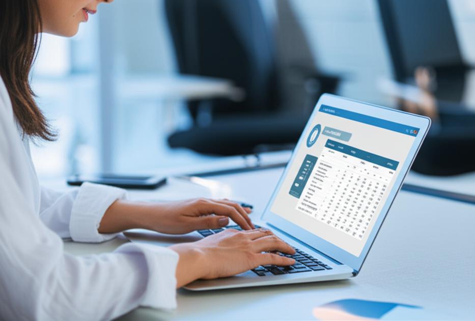 Người doanh nhân sử dụng phần mềm quản lý bảo hành Ebiz trên laptop.