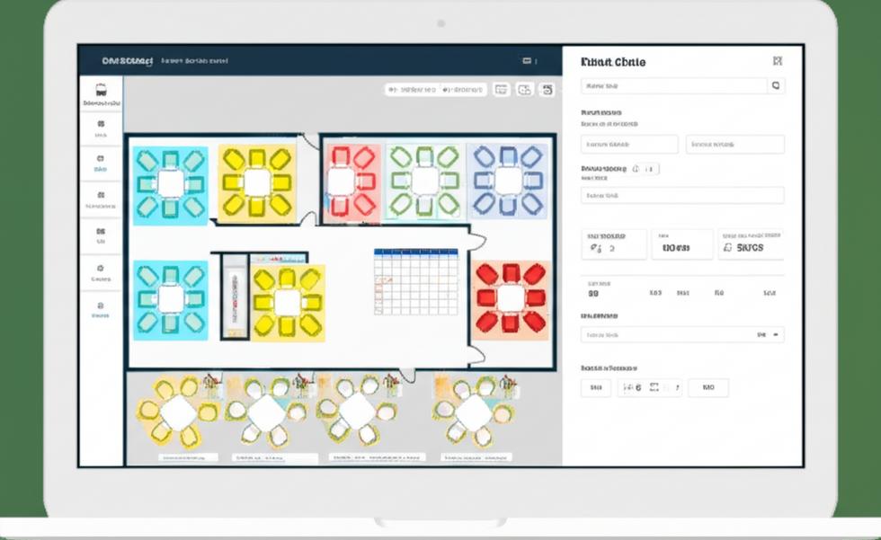 Giao diện phần mềm quản lý đặt bàn hiển thị sơ đồ mặt bằng nhà hàng với các bàn được đánh dấu trạng thái.
