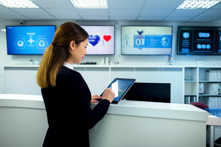 Phần mềm Quản lý Dữ liệu Y tế: Giải pháp Tối ưu cho Tầm nhìn Mới, Hoạt động Ngoại tuyến 2 Lễ tân phòng khám y tế hiện đại sử dụng công nghệ để quản lý dữ liệu.