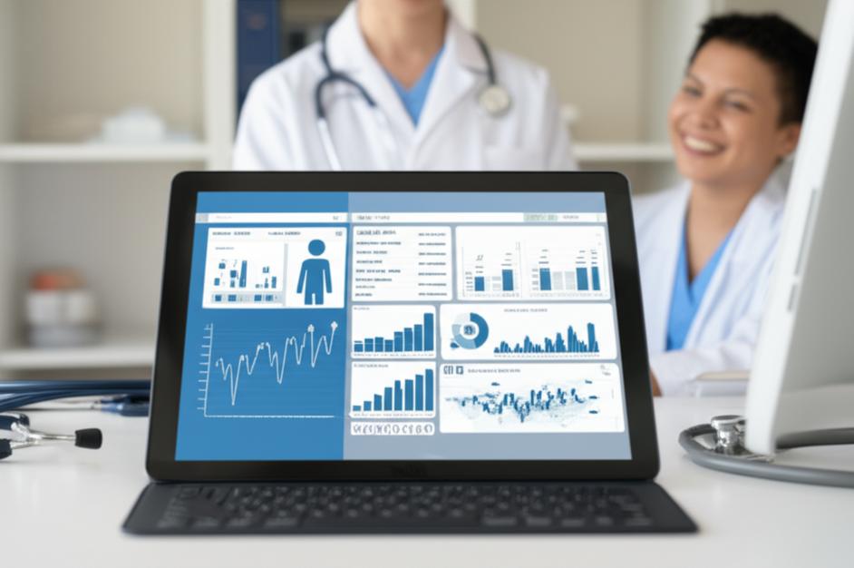 Giao diện phần mềm quản lý dữ liệu y tế hiện đại trên máy tính bảng, minh họa sự số hóa và hiệu quả trong chăm sóc bệnh nhân.