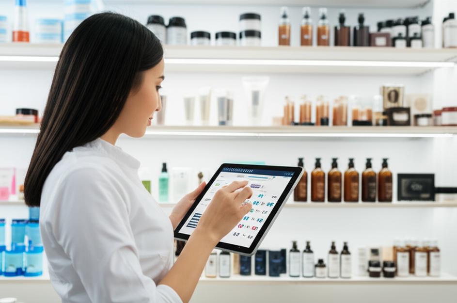 Nhân viên spa sử dụng phần mềm quản lý kho trên máy tính bảng, quản lý mỹ phẩm và vật tư.