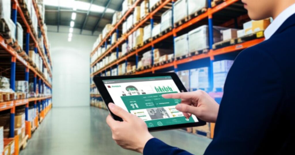 Nhà kho hiện đại với nhân viên sử dụng phần mềm quản lý kho Ebiz.