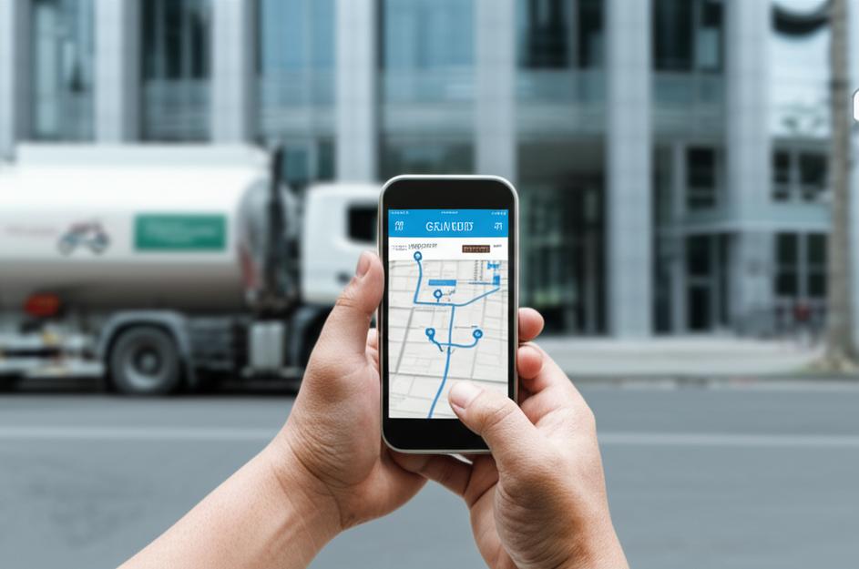 Tài xế sử dụng ứng dụng quản lý lộ trình giao nước trên điện thoại.