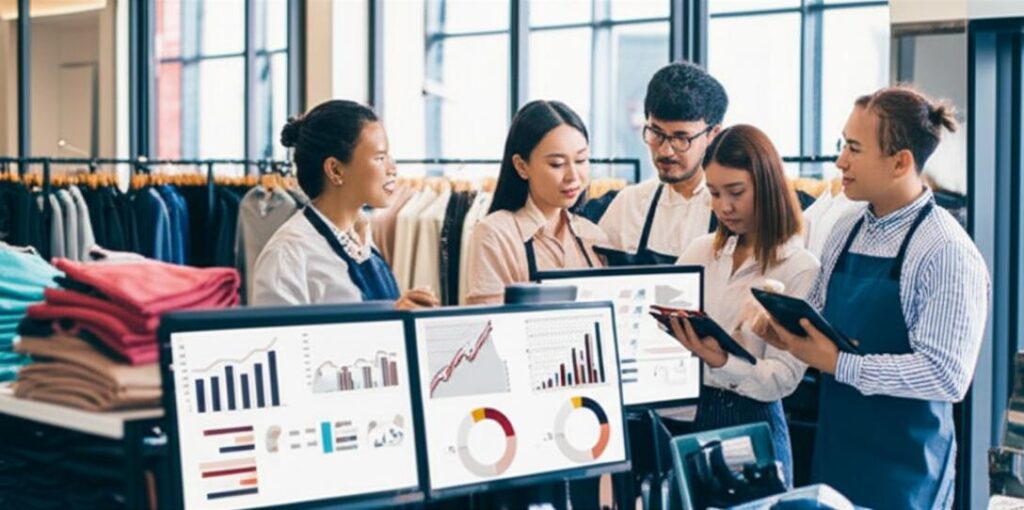 Nhân viên bán hàng quần áo làm việc hiệu quả trong cửa hàng hiện đại, được hỗ trợ bởi công nghệ.