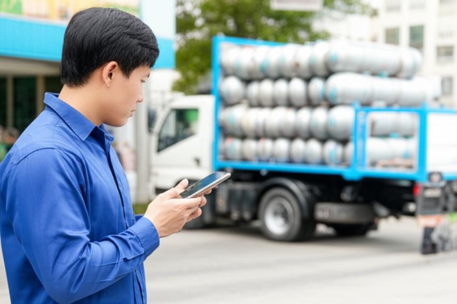 Nhân viên giao gas sử dụng ứng dụng Ebiz trên điện thoại để quản lý đơn hàng và lộ trình giao.