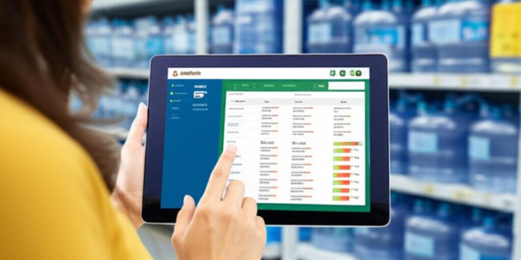 Giao diện phần mềm quản lý bán hàng online hiển thị biểu đồ doanh thu và danh sách sản phẩm nước uống đóng bình.