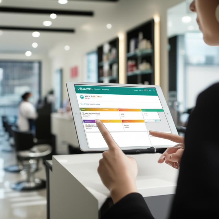 So sánh phần mềm quản lý salon tóc: Lựa chọn nào tối ưu cho doanh nghiệp của bạn? 7 Salon tóc hiện đại với nhân viên sử dụng phần mềm quản lý Ebiz POS trên máy tính bảng tại quầy lễ tân.