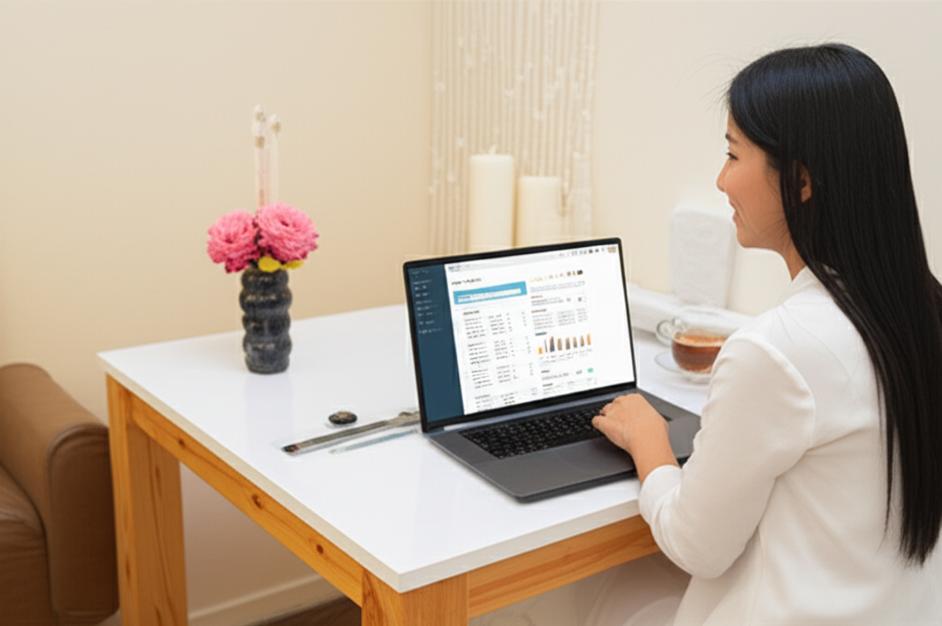 Phần Mềm Quản Lý Spa Gia Đình Offline: Bí Quyết Tối Ưu Vận Hành & Tăng Doanh Thu 1 Chủ spa làm việc hiệu quả với phần mềm quản lý trên laptop tại không gian spa gia đình.