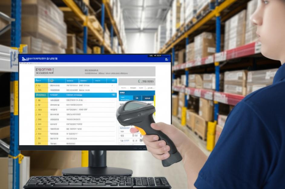 Giao diện phần mềm quản lý xuất nhập kho với nhân viên đang quét mã vạch.