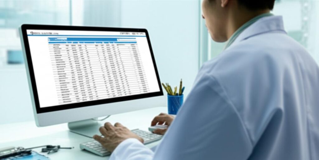 Chuyên gia y tế làm việc với phần mềm quản lý dữ liệu bệnh nhân offline.