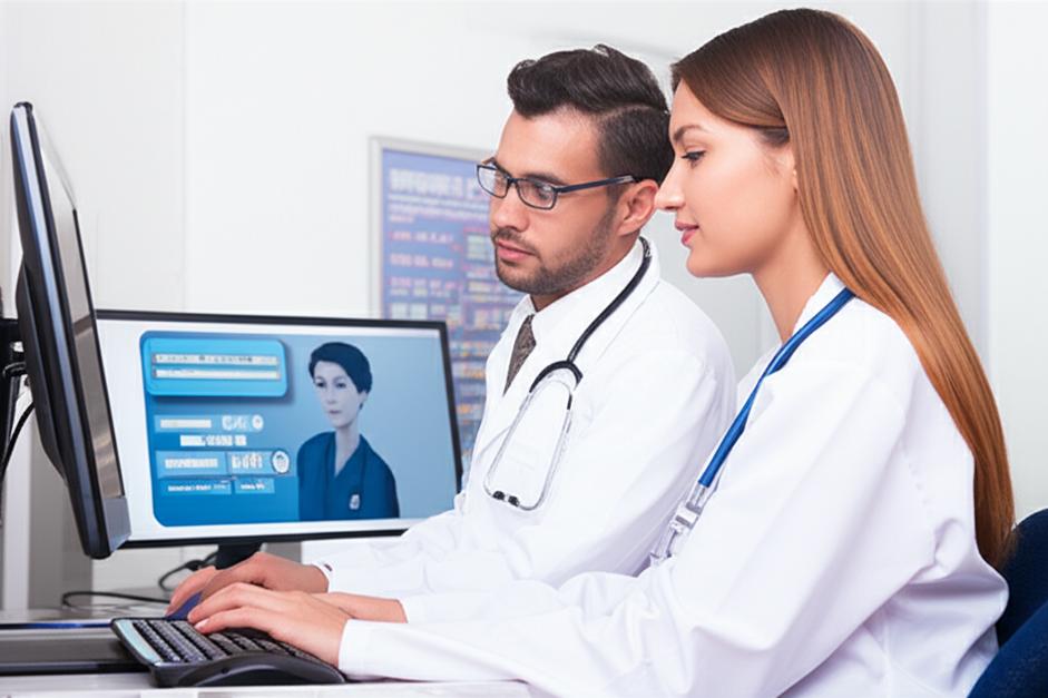 Phần Mềm Quản Lý Dữ Liệu Y Tế Offline: Giải Pháp Tối Ưu Cho Kế Hoạch Y Tế Mới 8 Bác sĩ và y tá làm việc với hồ sơ bệnh án trên máy tính trong phòng khám.