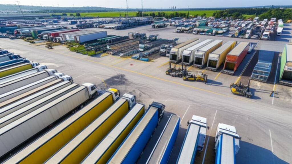 Trung tâm logistics hiện đại với xe tải đang bốc dỡ hàng hóa.