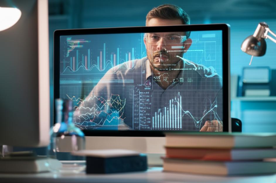 Nhà khoa học phân tích dữ liệu phức tạp trên màn hình máy tính với biểu đồ và code.