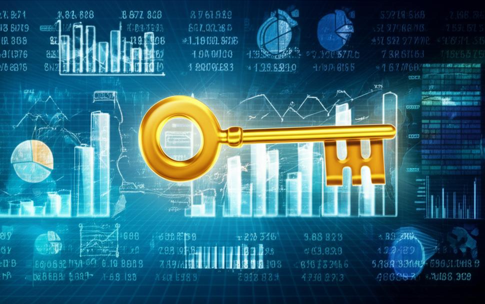 Biểu đồ, đồ thị và chìa khóa vàng tượng trưng cho phân tích dữ liệu kinh doanh.