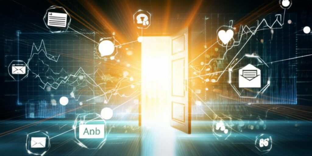 Biểu đồ dữ liệu tỏa ánh sáng vàng, mở ra cánh cửa thành công, với các biểu tượng online xung quanh.