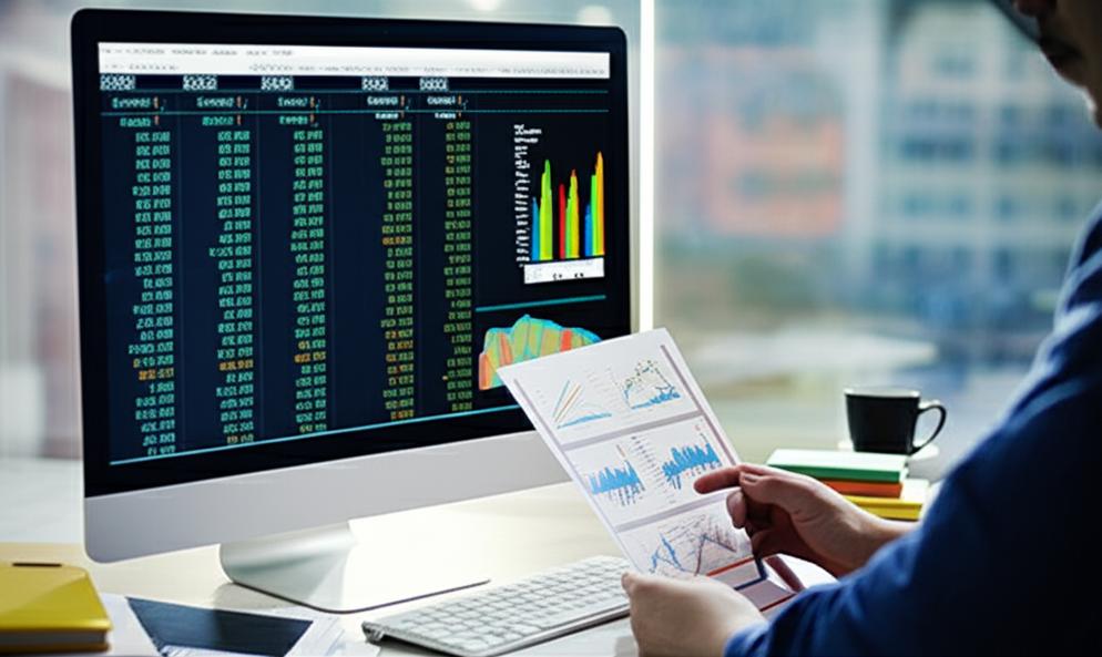 Người phân tích dữ liệu xem xét biểu đồ thống kê trên máy tính.