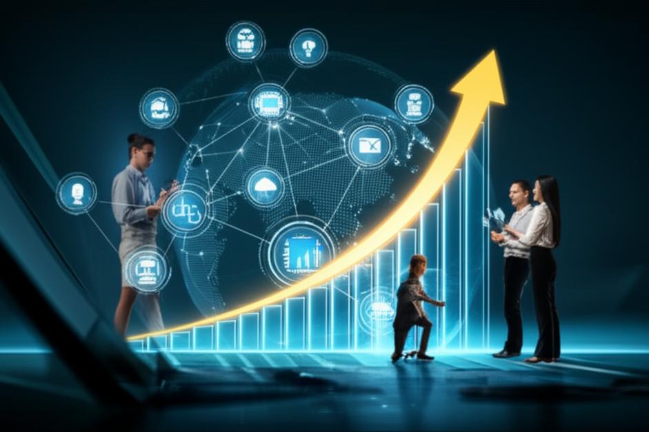 Minh họa sự phát triển của kinh tế số với các yếu tố công nghệ và kết nối toàn cầu.