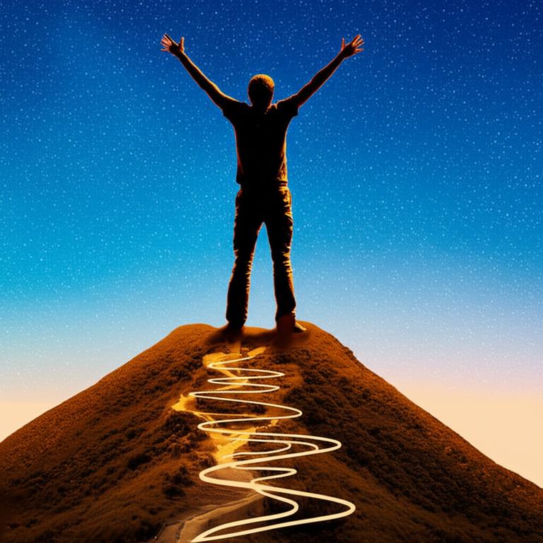 Biểu tượng sự phát triển và đạt mục tiêu qua hình ảnh người trên đỉnh núi.