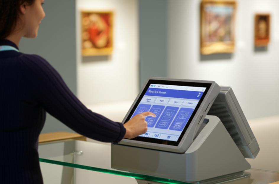 Giao diện phần mềm POS trên máy tính bảng được sử dụng để bán vé tại quầy vé của một bảo tàng.