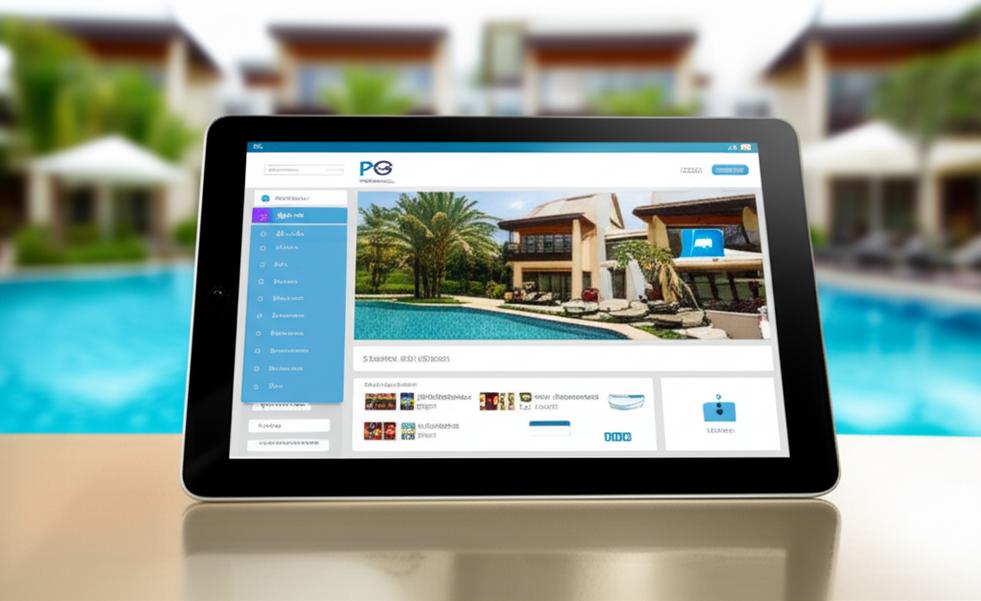 Giao diện phần mềm POS trên máy tính bảng tại một resort sang trọng.