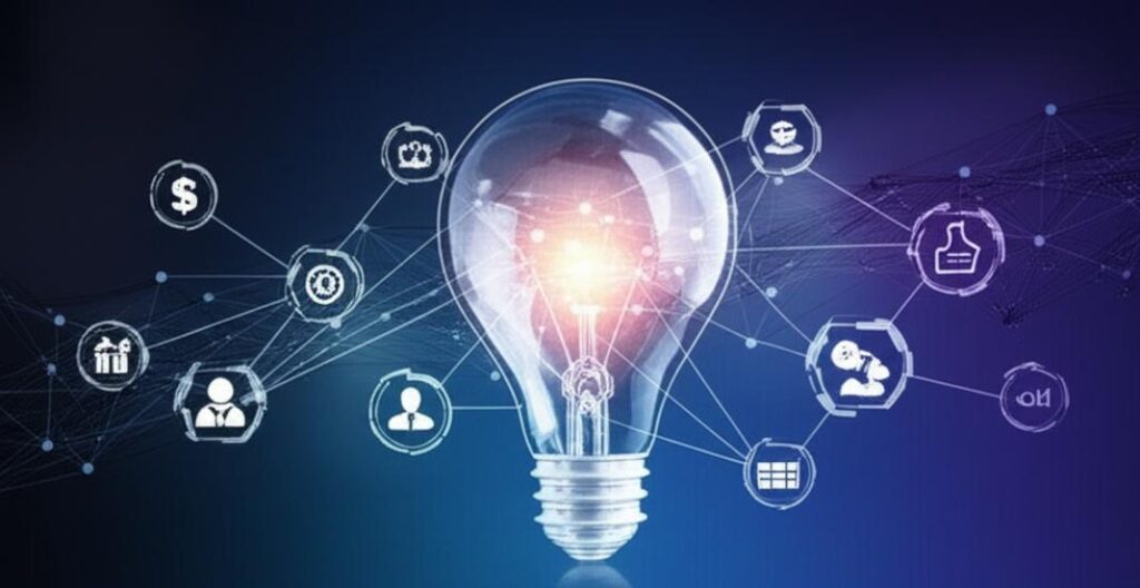 Biểu đồ dữ liệu phức tạp thể hiện các xu hướng và điểm dữ liệu, với biểu tượng bóng đèn ở trung tâm, tượng trưng cho phân tích dự đoán và đổi mới.