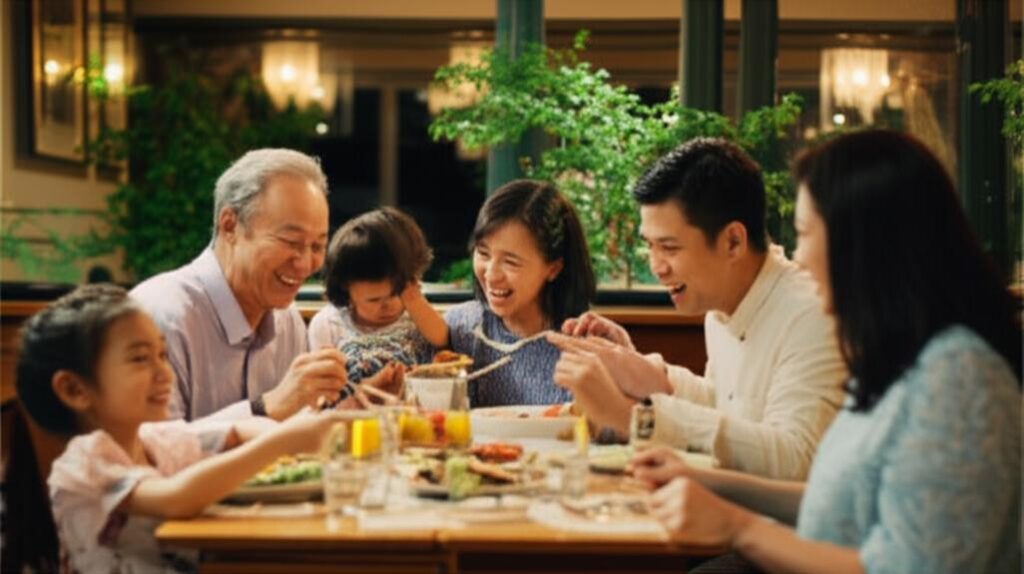 Gia đình hạnh phúc dùng bữa tại nhà hàng ấm cúng.