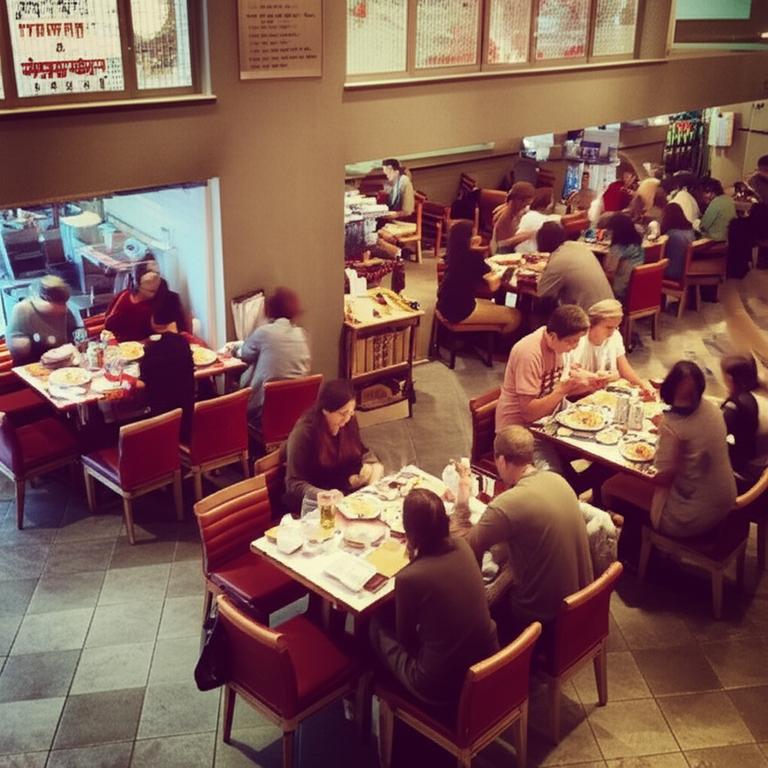 Một quán ăn ấm cúng với khách hàng đang thưởng thức bữa ăn.