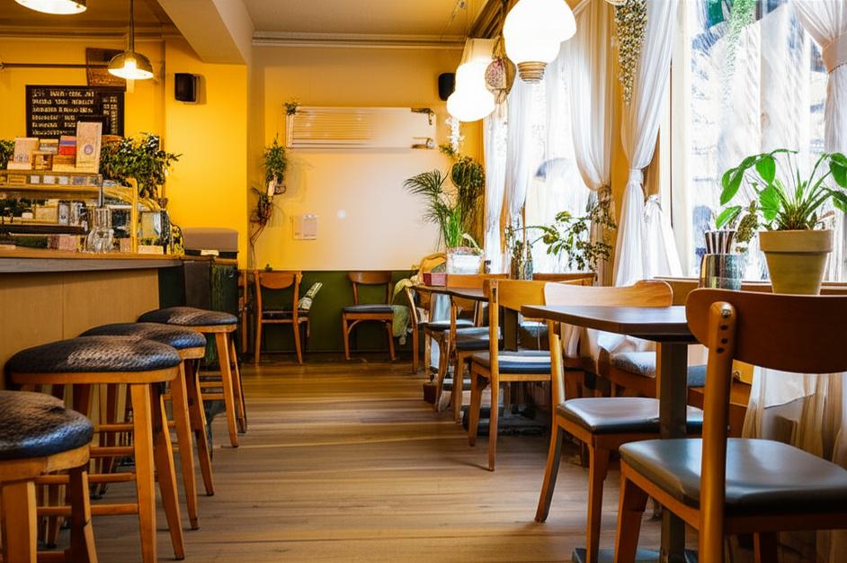Không gian ấm cúng của một quán cafe bình dân với bàn ghế gỗ và cây xanh.