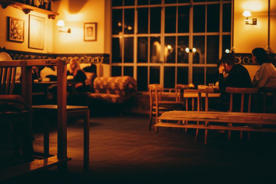 Quán cafe đêm ấm cúng với ánh đèn vàng và không gian yên tĩnh.