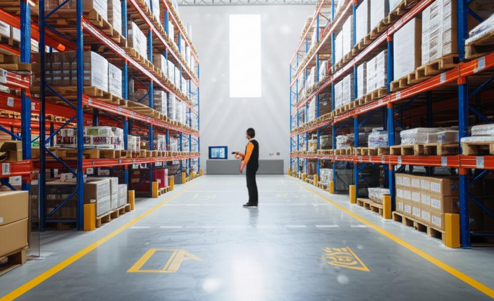 Bí quyết Vàng: Mẹo Quản Lý Kho Hiệu Quả Từ Chuyên Gia 3 Kho hàng hiện đại, ngăn nắp với nhân viên sử dụng máy quét mã vạch.