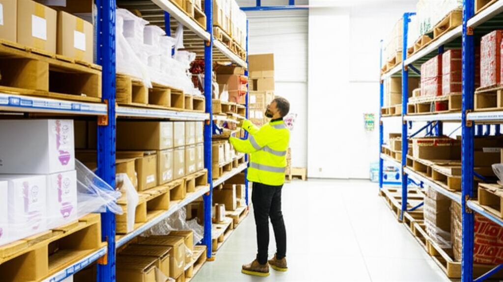 Nhân viên kho kiểm tra sản phẩm bằng máy quét mã vạch trên kệ hàng hóa đa dạng kích thước và màu sắc.