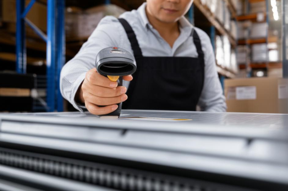 Nhân viên sử dụng máy quét mã vạch để theo dõi số serial number của sản phẩm trong kho.