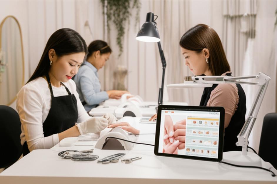 Tiệm nail sang trọng với dịch vụ làm móng chuyên nghiệp và phần mềm quản lý hiển thị trên máy tính bảng.