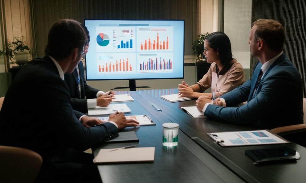 Cuộc họp đàm phán chuyên nghiệp với biểu đồ và tài liệu.