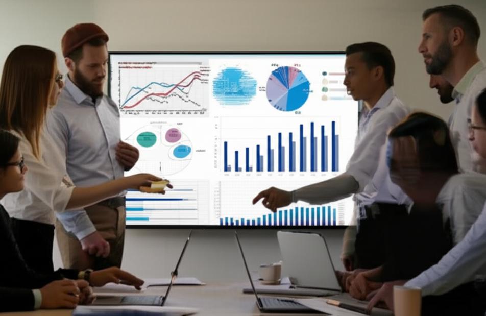 Biểu đồ và dữ liệu trên màn hình lớn với các chuyên gia đang thảo luận về chiến lược kinh doanh.