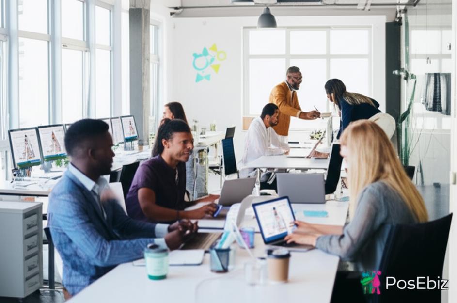 Nhân viên làm việc từ xa và tại văn phòng, kết nối qua công nghệ, với biểu tượng tăng trưởng kinh tế và logo Pos Ebiz.