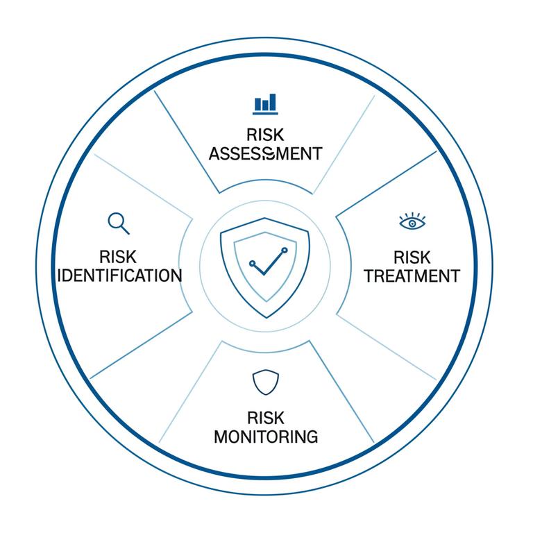 Sơ đồ quy trình quản lý rủi ro với các giai đoạn nhận diện, đánh giá, xử lý và giám sát.