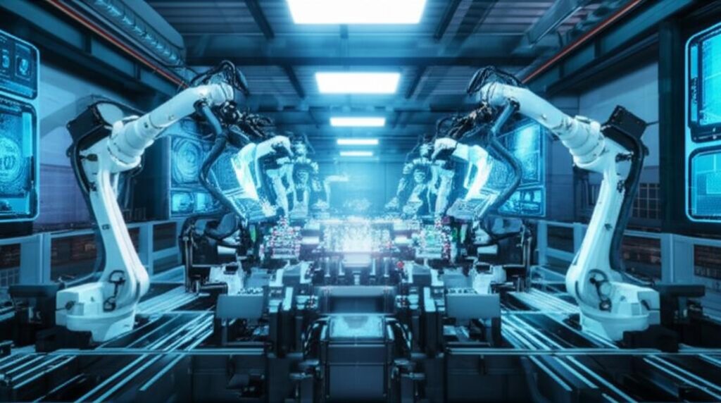 Nhà máy sản xuất công nghệ cao với robot và giao diện kỹ thuật số.