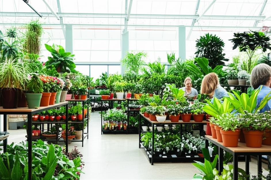 Cửa hàng cây cảnh với đa dạng cây xanh tươi tốt, không gian xanh mát.
