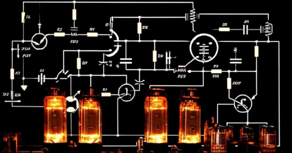 Sơ đồ mạch amply đèn với các bóng đèn phát sáng.