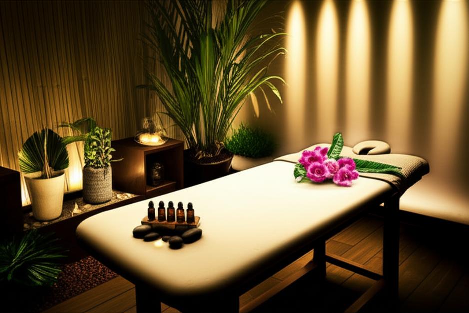 Spa: Thiên Đường Thư Giãn, Nơi Đánh Thức Vẻ Đẹp Tiềm Ẩn 9 Không gian spa sang trọng, yên tĩnh với ánh đèn vàng dịu nhẹ, giường massage trang trí hoa và tinh dầu, mang lại cảm giác thư thái.