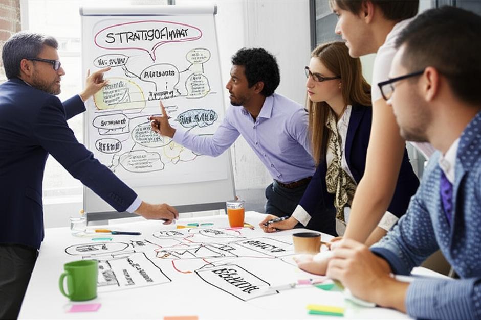 Phát Triển Tư Duy Chiến Lược: Chìa Khóa Thành Công Vượt Trội 10 Nhóm người thảo luận kế hoạch chiến lược.