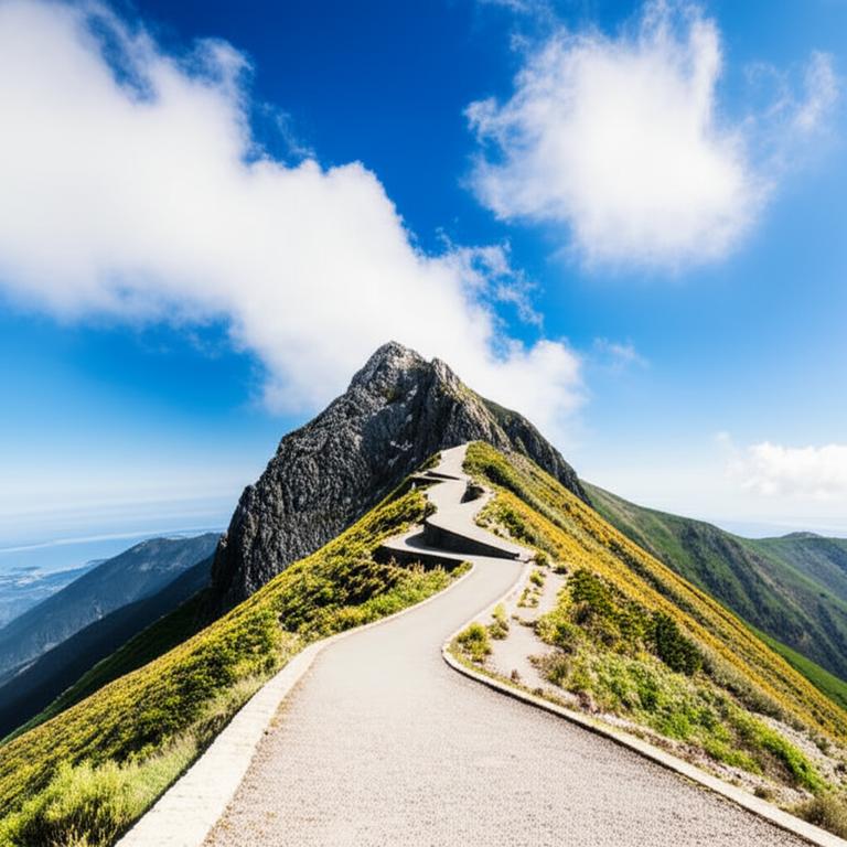 Con đường tiến bộ dẫn lên đỉnh núi cao dưới bầu trời rộng lớn.