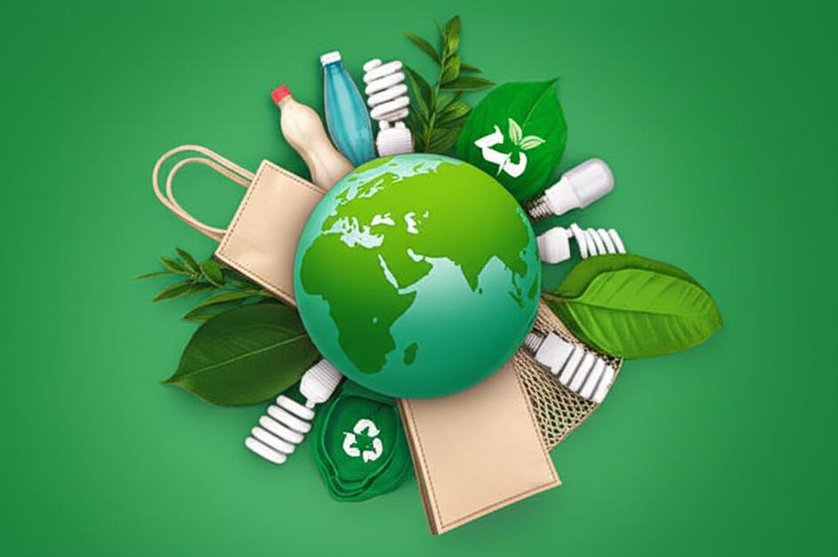 Trái đất xanh với các biểu tượng sản phẩm bền vững xung quanh.