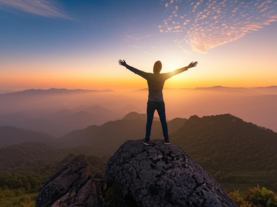 Hình ảnh một người đứng trên đỉnh núi, dang tay đón bình minh, biểu tượng cho sự khai phá tiềm năng và thành công.