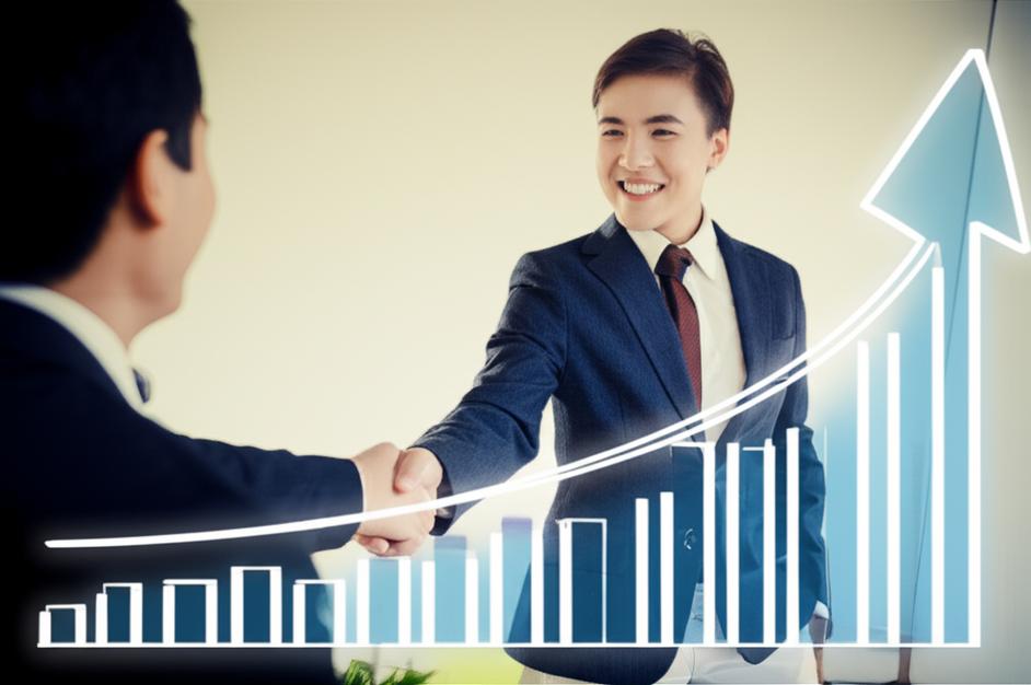 Biểu đồ doanh số tăng trưởng và nhân viên bán hàng tương tác với khách hàng.