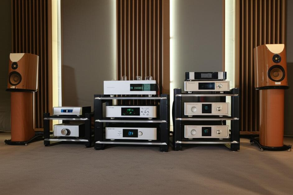 Hệ thống âm thanh audiophile cao cấp với DAC, ampli và loa.